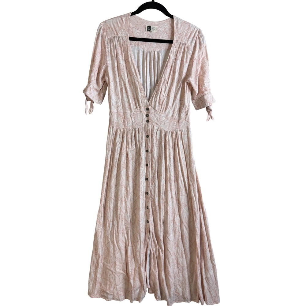 Lira Dress‎ Women's Medium Maxi Dress Pink Leaf Print Button Front Boho